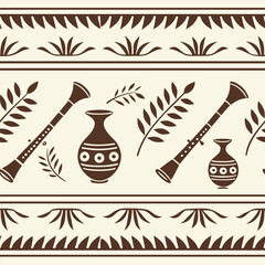 Elegant decorative pattern featuring musical instruments and floral elements in earthy tones