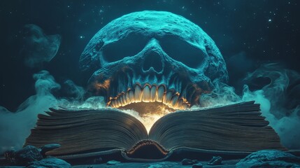 Giant skull moon emerging from an open book with smoke at night