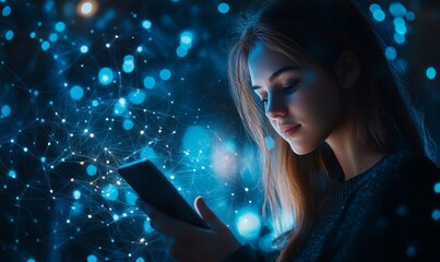 Network engineer IT technician monitoring data in a futuristic server room holding a smartphone digital AI tablet, improving cybersecurity in a blue-lit room. Copy space, Generative AI