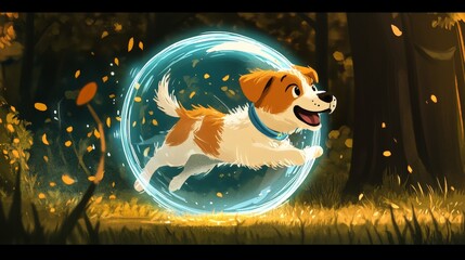 Happy dog running inside a magic sphere in the forest