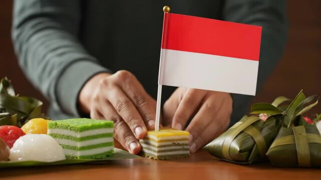Person places Indonesian flag in cake surrounded by treats on a table