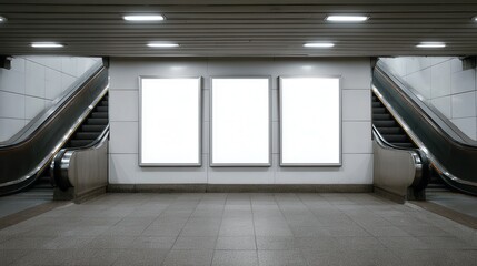 A 4K photo of three blank billboards on subway wall above escalators.