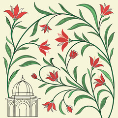 Elegant floral illustration with red flowers and green leaves suitable for decorative designs