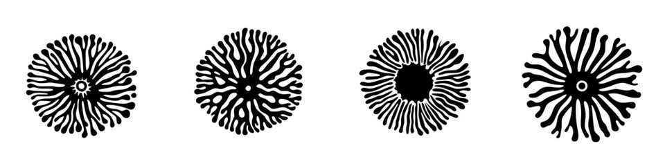 Intricate black icon designs showcasing diverse patterns in a symmetrical arrangement