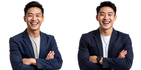 Young Chinese Entrepreneur Laughing, Arms Crossed, Smart-Casual Style, Isolated on Transparent Background PNG