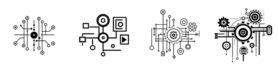 Obraz premium Complex black icons representing technology and connectivity in a modern digital landscape showcasing various geometric designs and patterns