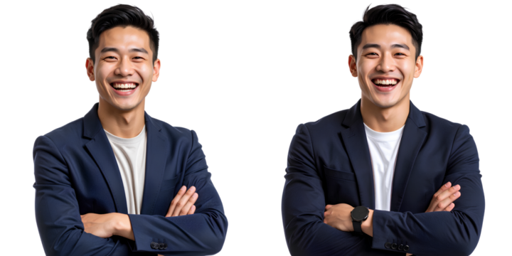 Young Chinese Entrepreneur Laughing, Arms Crossed, Smart-Casual Style, Isolated on Transparent Background PNG