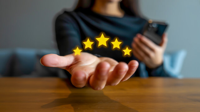 Five yellow stars floating above open palm hand rating