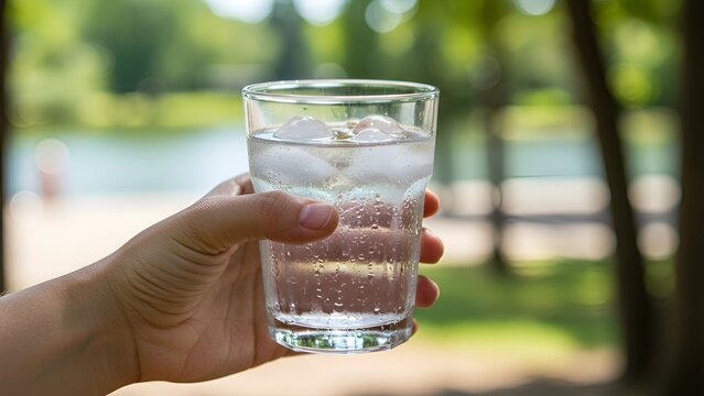 A hand holds a refreshing glass of cold sparkling water with ice under the sunlight in a green outdoor park to stay hydrated on a hot day.