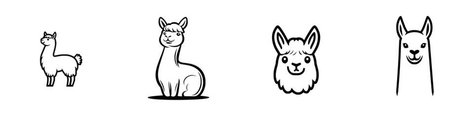 Cute black llama icons featuring various poses and styles suitable for digital design and illustration purposes