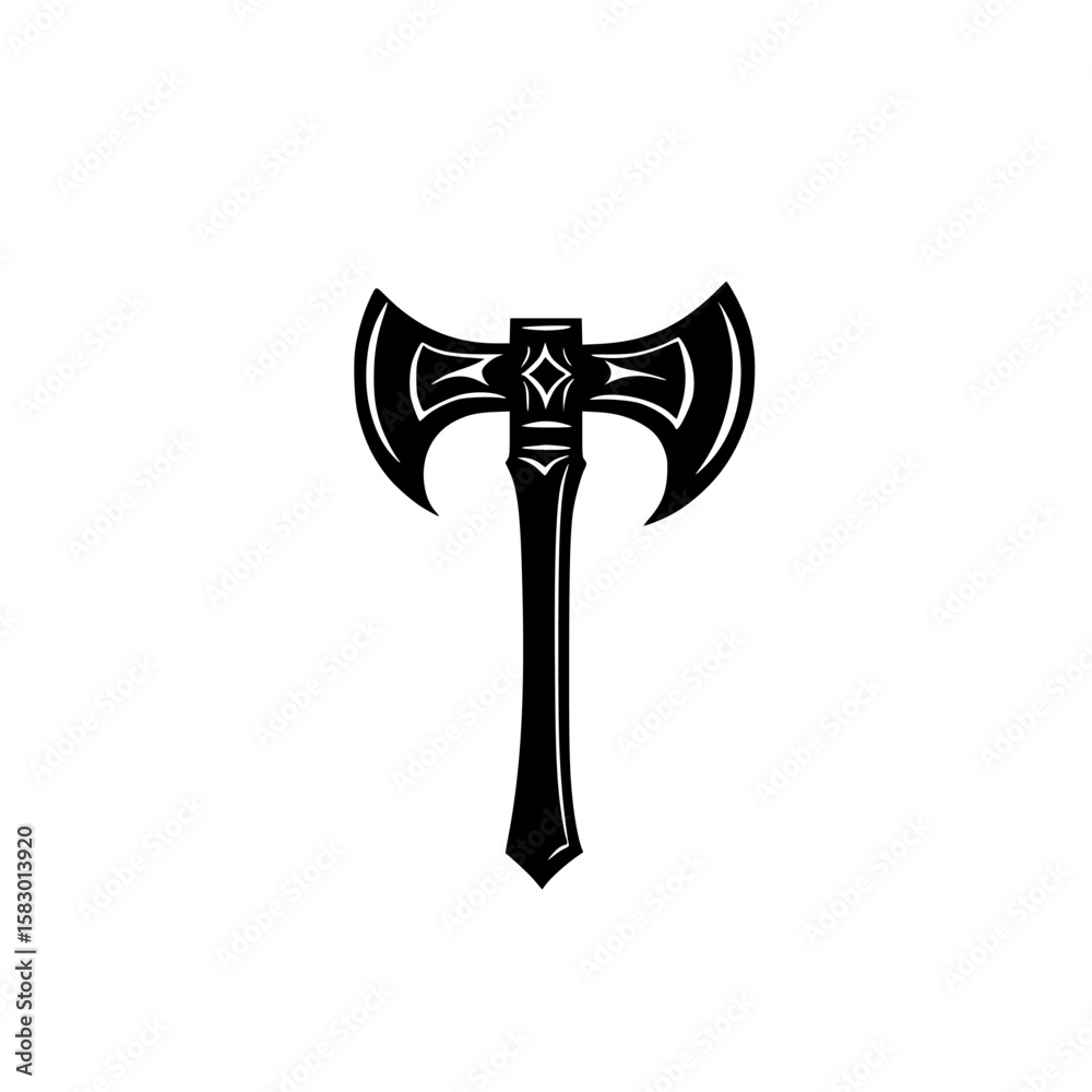 Poster unique black icon of a two-headed axe design with intricate detailing and a pointed handle