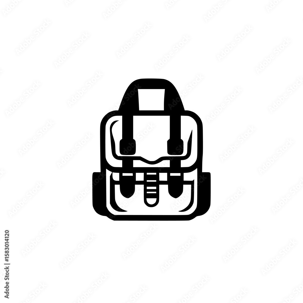 Poster backpack icon created in a simple black design with clean lines and a minimal aesthetic for various 