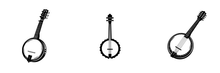 Unique black icon featuring three different banjos displayed in a minimalist style, showcasing their distinct shapes and designs