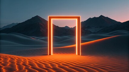 A glowing orange neon portal stands in a vast desert landscape at dusk