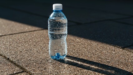 Cold plastic water bottle with condensation droplets standing on outdoor paving blocks, photographed in warm natural light with dramatic shadows, evoking summer heat and refreshment.