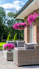 Fototapeta premium Cozy Outdoor Patio with Vibrant Summer Flowers and Wicker Furniture for Relaxation and Entertaining