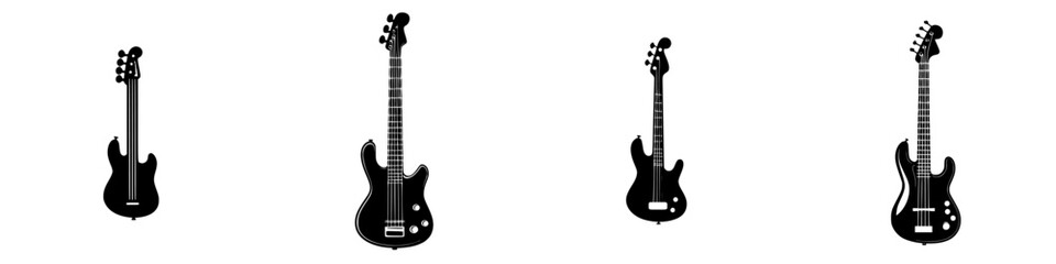 Unique collection of black guitar icons showcasing different shapes and designs in a minimalist style on a white background