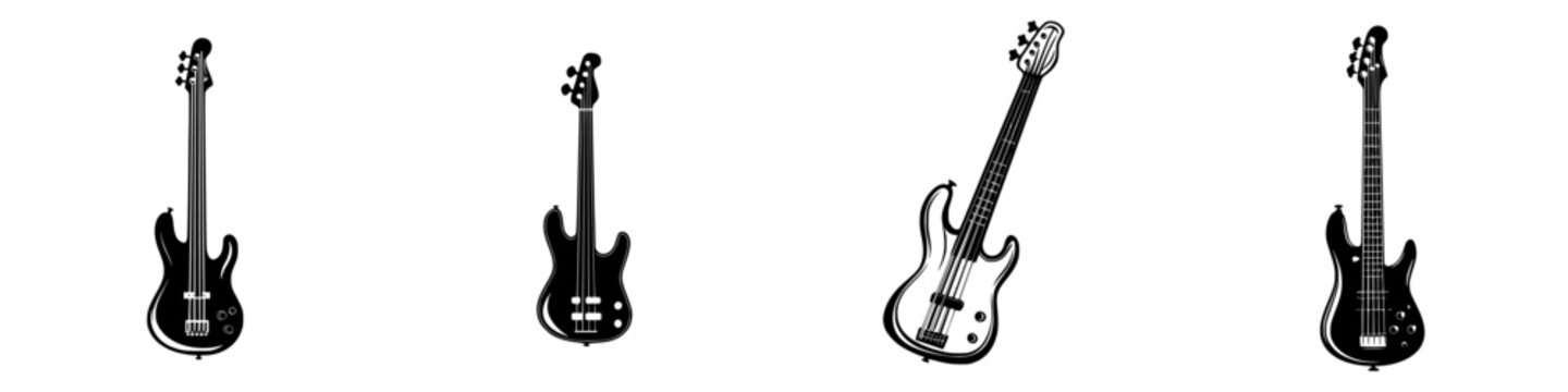 Collection of black electric bass guitar icons showcasing varying designs and styles for music enthusiasts and graphic projects