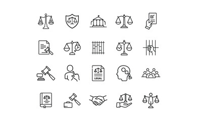 Collection of Law and Justice Outline Icons: Scales Gavel Court Handshake and More.