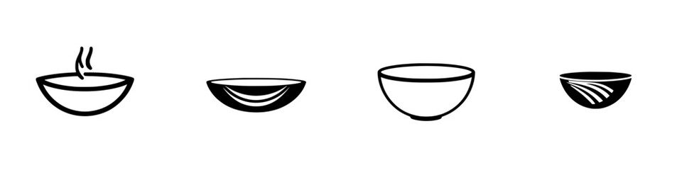 Four black icons of bowls depicting different shapes and designs in a minimalist style
