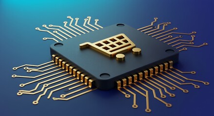 E-Commerce Facilitating Online Transactions Illustrated on a Processor,Golden shopping cart embedded in a glowing tech microchip, representing