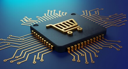 E-Commerce Facilitating Online Transactions Illustrated on a Processor,Golden shopping cart embedded in a glowing tech microchip, representing