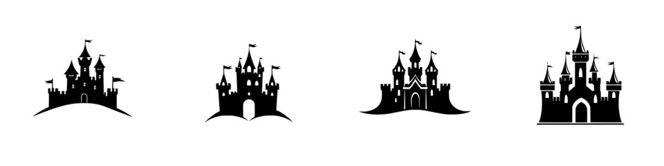 Black castle icons representing different designs for fantasy themes and creative projects in a minimalist style