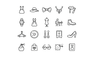 Fashion and Design Line Art Icons: Clothing Accessories and Creative Tools.