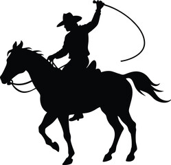 Cowboy Lassoing on Horseback at Sunset Western Silhouette Vector Illustration Design