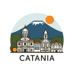 Obraz premium Colorful vector skyline of Catania with Mount Etna, baroque architecture and orange trees. Sicilian city illustration with sun and hills