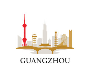 Vector skyline of Guangzhou with golden bridge, oriental buildings and modern towers. Chinese cityscape in elegant flat style