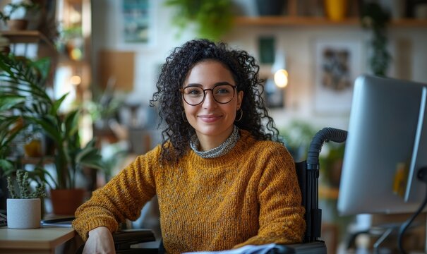 Inclusive portrait of a happy disabled businesswoman in a wheelchair working from home. Inclusive and diverse positive culture. Non-binary, gender-neutral office colleague, Generative AI