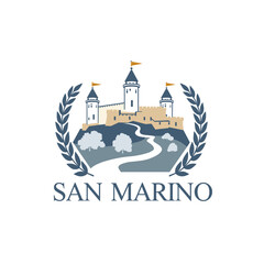 Vector illustration of San Marino with medieval castle, laurel wreath and winding road. European heritage in emblem style