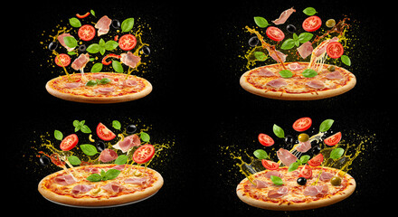 Pizza with fresh ingredients splashing on a black background 