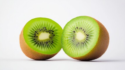 Half-cut kiwi next to full fruit, white background, detailed close-up