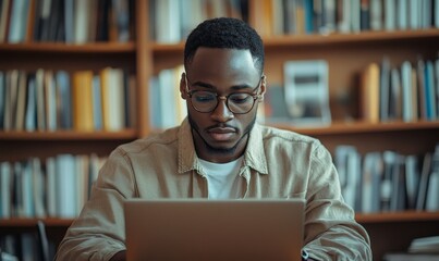 Young Black African American man working remotely from a home office, Generative AI