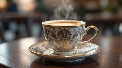 Fototapeta premium Steaming hot cup of coffee in an ornate white and gold patterned porcelain teacup and saucer, on a polished wooden table.