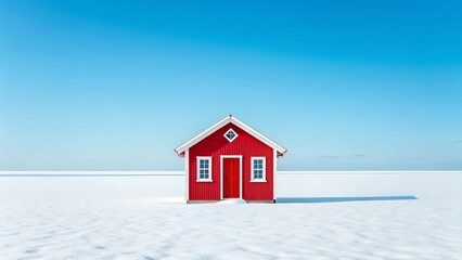 A small red house stands alone in a vast, snowcovered landscape under a clear blue sky