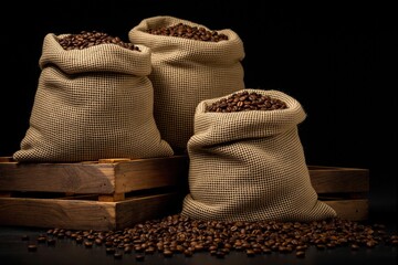 Fototapeta premium Three burlap sacks overflowing with roasted coffee beans, resting on a wooden crate with scattered beans, symbolizing coffee production.