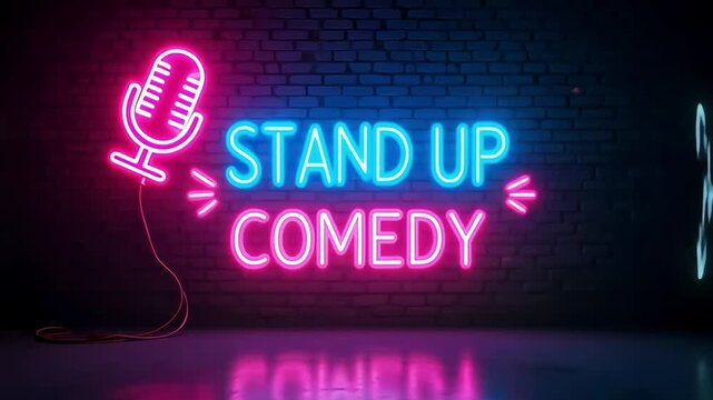 Stand up comedy show neon lights background for comedians and entertainment night life club
