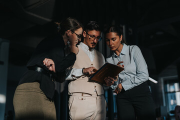 A group of business people engaged in a collaborative discussion around a digital tablet in an...