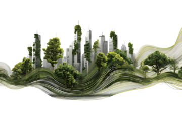 Green cityscape with trees, plants, and lines against a black backdrop, used for sustainability