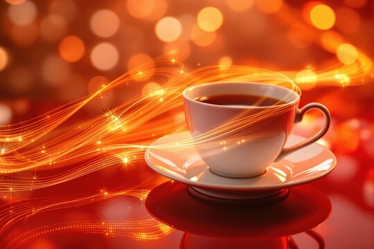 Hot cup of coffee with dynamic glowing light trails and bokeh effects on a vibrant red background, symbolizing energy and warmth.