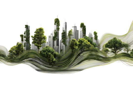 Green cityscape with trees, plants, and lines against a black backdrop, used for sustainability