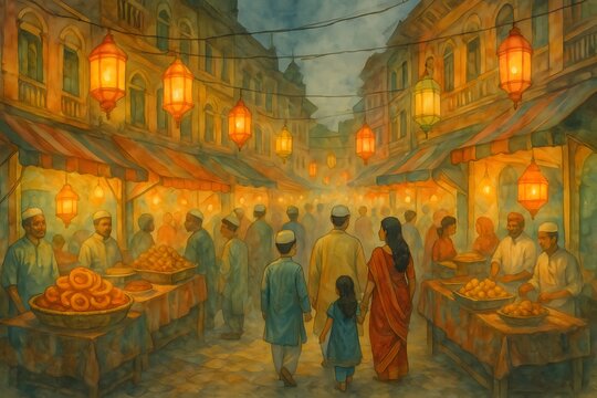 Vibrant Ramadan night market in Old Dhaka with glowing lanterns, colonial architecture, traditional iftar stalls, families in Panjabi and saree, dreamy lighting, festive atmosphere