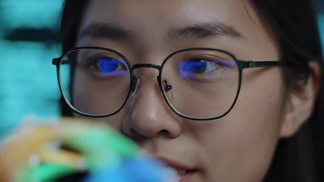 Asian Female Analyzing Globe in High-Tech Environment                                                        