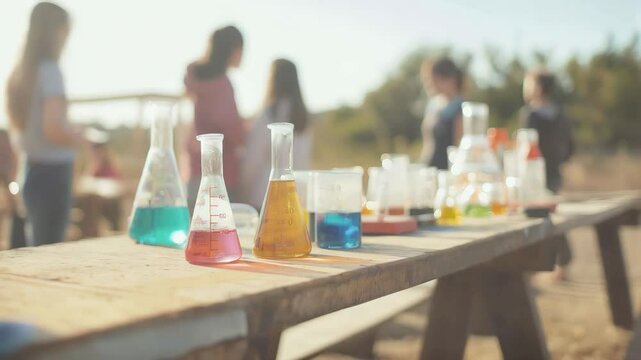 Colorful beakers with chemical liquids on a wooden table, blurred students experimenting in the background