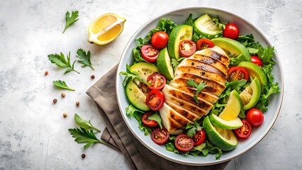 Delicious grilled chicken salad with avocado tomatoes and lemon on a white background