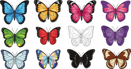 Collection of colorful butterflies displayed on white background. Nature, illustration, design, creativity, drawing, diversity