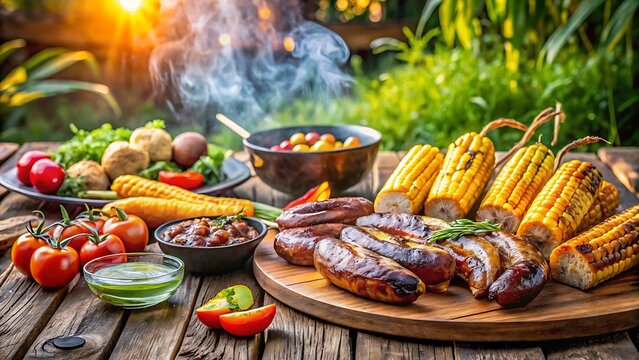 Delicious grilled sausages and corn on the cob served outdoors at sunset